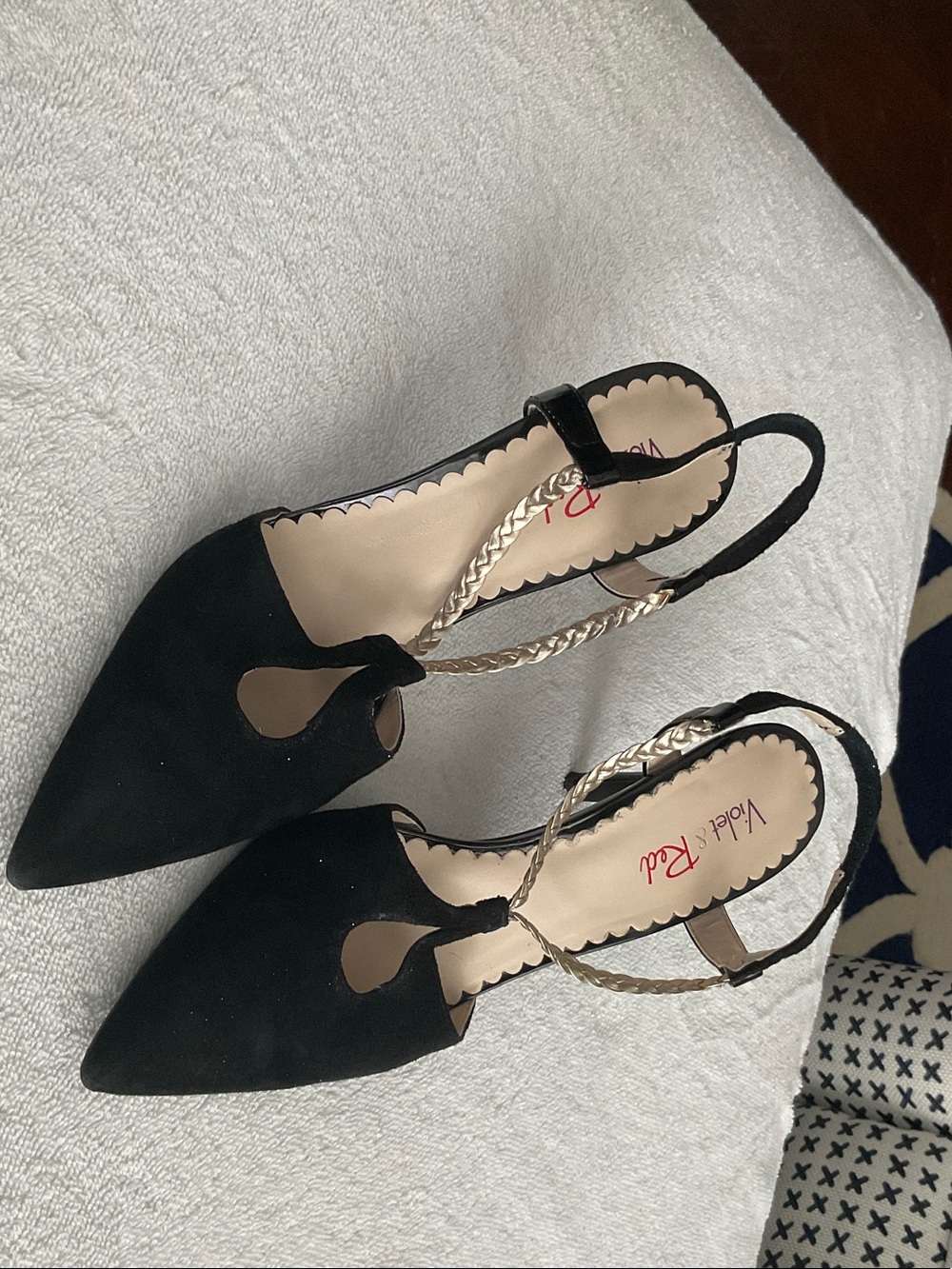 Violet & Red Black Pointed Braided T-Strap Heels